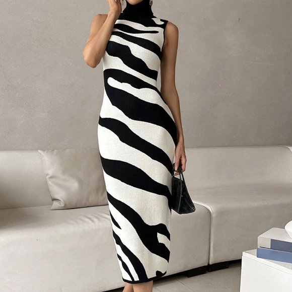 Black & White Casual Womens Two Tone Turtleneck Sweater Dress - Picture 1 of 5